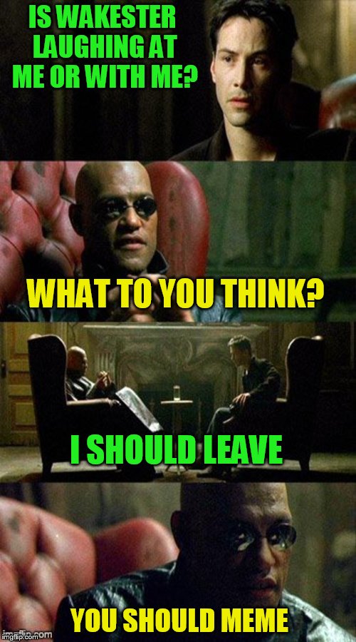 Matrix | IS WAKESTER LAUGHING AT ME OR WITH ME? WHAT TO YOU THINK? I SHOULD LEAVE YOU SHOULD MEME | image tagged in matrix | made w/ Imgflip meme maker