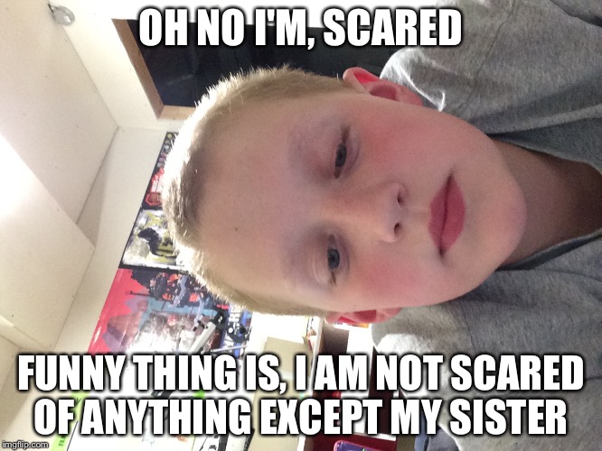 OH NO I'M, SCARED; FUNNY THING IS, I AM NOT SCARED OF ANYTHING EXCEPT MY SISTER | image tagged in scared | made w/ Imgflip meme maker