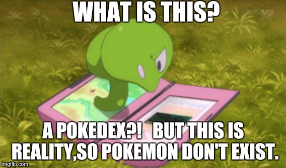 When Zygarde core form finds something | WHAT IS THIS? A POKEDEX?!   BUT THIS IS REALITY,SO POKEMON DON'T EXIST. | image tagged in pokemon memes | made w/ Imgflip meme maker