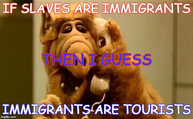 SLAVE ARE NOT IMMIGRANTS! | IF SLAVES ARE IMMIGRANTS; THEN I GUESS; IMMIGRANTS ARE TOURISTS | image tagged in politics | made w/ Imgflip meme maker
