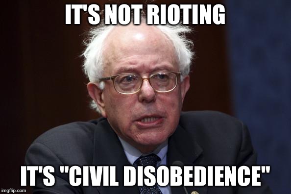 Bernie Sanders |  IT'S NOT RIOTING; IT'S "CIVIL DISOBEDIENCE" | image tagged in bernie sanders | made w/ Imgflip meme maker