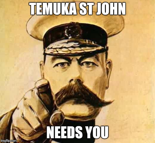 Your Country Needs YOU | TEMUKA ST JOHN; NEEDS YOU | image tagged in your country needs you | made w/ Imgflip meme maker