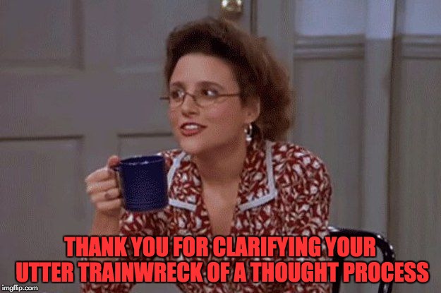 Elaine Benes Says "Thank You" | THANK YOU FOR CLARIFYING YOUR UTTER TRAINWRECK OF A THOUGHT PROCESS | image tagged in elaine benes,seinfeld,wow,you're an idiot,memes,special kind of stupid | made w/ Imgflip meme maker