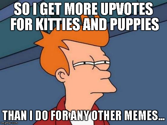I think I just solved Imgflip... Thank you Lynch1979, Craziness_all_the_way, Dazzzer, Raydog, Raycat, forceful, RayDoge,etc... | SO I GET MORE UPVOTES FOR KITTIES AND PUPPIES; THAN I DO FOR ANY OTHER MEMES... | image tagged in memes,futurama fry | made w/ Imgflip meme maker