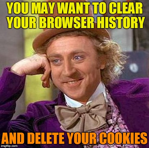 Creepy Condescending Wonka Meme | YOU MAY WANT TO CLEAR YOUR BROWSER HISTORY AND DELETE YOUR COOKIES | image tagged in memes,creepy condescending wonka | made w/ Imgflip meme maker