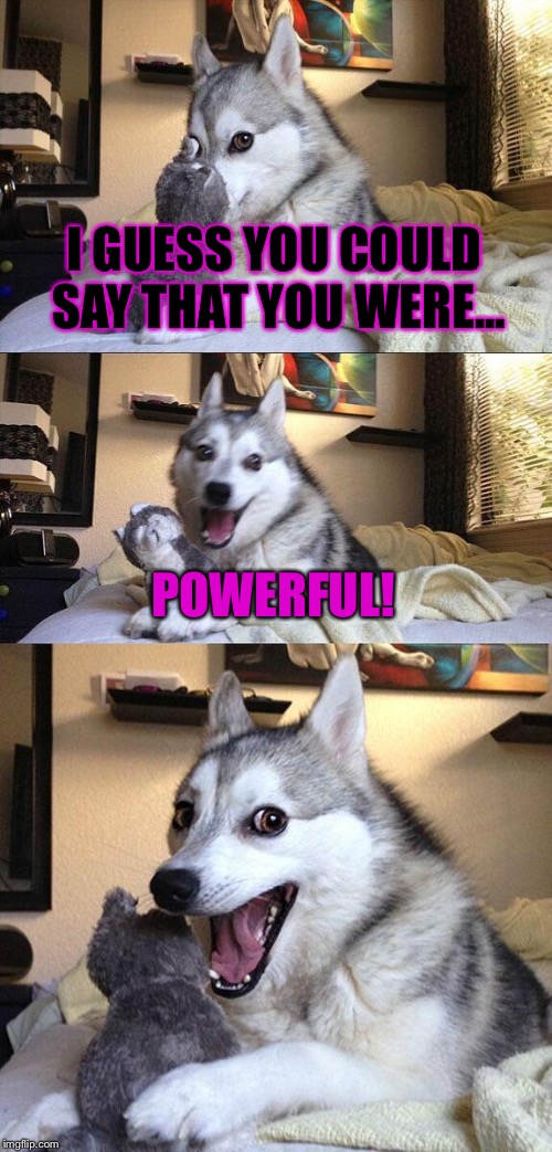 Bad Pun Dog Meme | I GUESS YOU COULD SAY THAT YOU WERE... POWERFUL! | image tagged in memes,bad pun dog | made w/ Imgflip meme maker