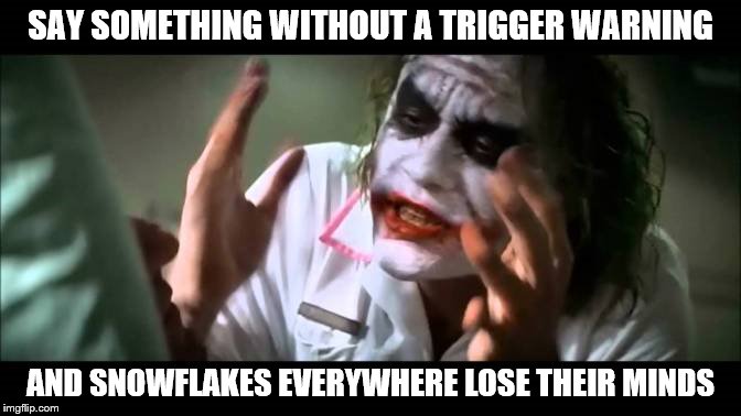 Joker Everyone Loses Their Minds | SAY SOMETHING WITHOUT A TRIGGER WARNING AND SNOWFLAKES EVERYWHERE LOSE THEIR MINDS | image tagged in joker everyone loses their minds | made w/ Imgflip meme maker