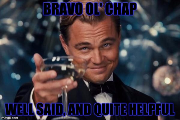 Leonardo Dicaprio Cheers Meme | BRAVO OL' CHAP WELL SAID, AND QUITE HELPFUL | image tagged in memes,leonardo dicaprio cheers | made w/ Imgflip meme maker