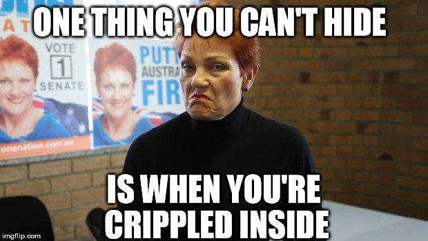 ONE THING YOU CAN'T HIDE; IS WHEN YOU'RE CRIPPLED INSIDE | image tagged in crippled inside,pauline hanson | made w/ Imgflip meme maker