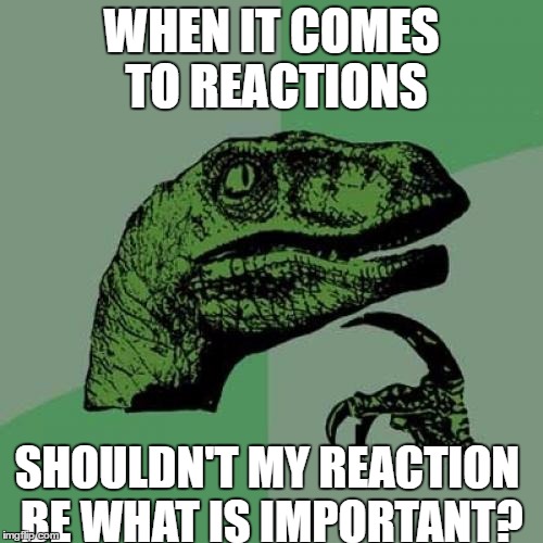 Philosoraptor | WHEN IT COMES TO REACTIONS; SHOULDN'T MY REACTION BE WHAT IS IMPORTANT? | image tagged in memes,philosoraptor | made w/ Imgflip meme maker