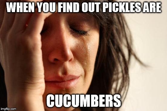First World Problems Meme |  WHEN YOU FIND OUT PICKLES ARE; CUCUMBERS | image tagged in memes,first world problems,pickles,special kind of stupid,cucumbers | made w/ Imgflip meme maker