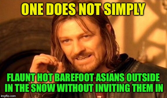 One Does Not Simply Meme | ONE DOES NOT SIMPLY FLAUNT HOT BAREFOOT ASIANS OUTSIDE IN THE SNOW WITHOUT INVITING THEM IN | image tagged in memes,one does not simply | made w/ Imgflip meme maker