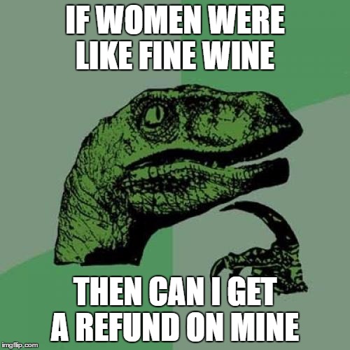 Philosoraptor | IF WOMEN WERE LIKE FINE WINE; THEN CAN I GET A REFUND ON MINE | image tagged in memes,philosoraptor | made w/ Imgflip meme maker