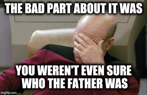 Captain Picard Facepalm Meme | THE BAD PART ABOUT IT WAS YOU WEREN'T EVEN SURE WHO THE FATHER WAS | image tagged in memes,captain picard facepalm | made w/ Imgflip meme maker