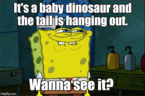 Don't You Squidward Meme | It's a baby dinosaur and the tail is hanging out. Wanna see it? | image tagged in memes,dont you squidward | made w/ Imgflip meme maker