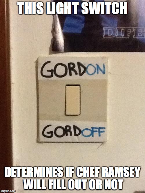 Light Switch | THIS LIGHT SWITCH; DETERMINES IF CHEF RAMSEY WILL FILL OUT OR NOT | image tagged in light switch,chef gordon ramsay,memes | made w/ Imgflip meme maker