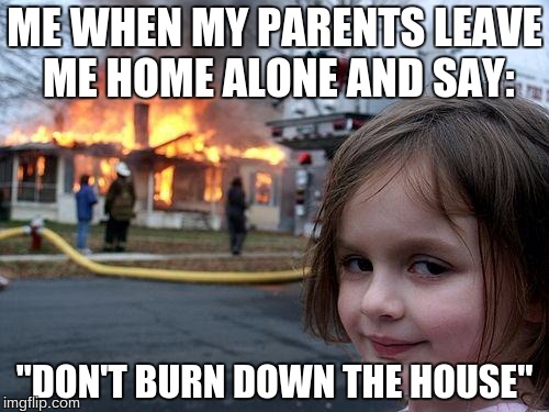 Disaster Girl Meme | ME WHEN MY PARENTS LEAVE ME HOME ALONE AND SAY:; "DON'T BURN DOWN THE HOUSE" | image tagged in memes,disaster girl | made w/ Imgflip meme maker