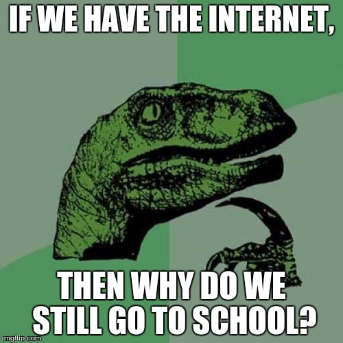 Philosoraptor | IF WE HAVE THE INTERNET, THEN WHY DO WE STILL GO TO SCHOOL? | image tagged in memes,philosoraptor | made w/ Imgflip meme maker