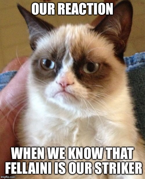 Grumpy Cat | OUR REACTION; WHEN WE KNOW THAT FELLAINI IS OUR STRIKER | image tagged in memes,grumpy cat | made w/ Imgflip meme maker