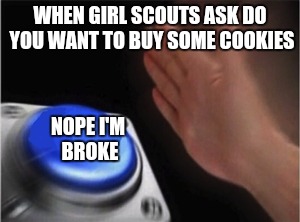 Blank Nut Button | WHEN GIRL SCOUTS ASK DO YOU WANT TO BUY SOME COOKIES; NOPE I'M BROKE | image tagged in blank nut button | made w/ Imgflip meme maker