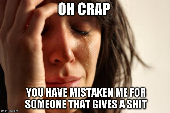 First World Problems | OH CRAP; YOU HAVE MISTAKEN ME FOR SOMEONE THAT GIVES A SHIT | image tagged in memes,first world problems | made w/ Imgflip meme maker