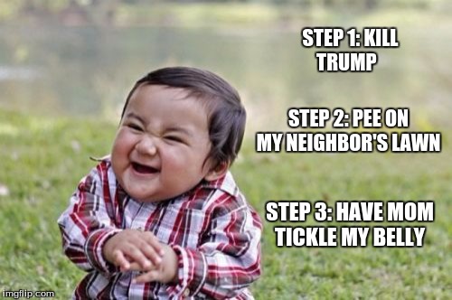 Evil Toddler | STEP 1: KILL TRUMP; STEP 2: PEE ON MY NEIGHBOR'S LAWN; STEP 3: HAVE MOM TICKLE MY BELLY | image tagged in memes,evil toddler | made w/ Imgflip meme maker
