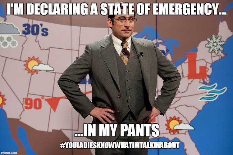 Brick Tamland reads weather | I'M DECLARING A STATE OF EMERGENCY... ...IN MY PANTS; #YOULADIESKNOWWHATIMTALKINABOUT | image tagged in brick tamland reads weather | made w/ Imgflip meme maker