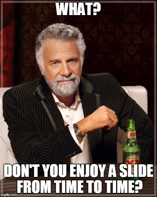 The Most Interesting Man In The World Meme | WHAT? DON'T YOU ENJOY A SLIDE FROM TIME TO TIME? | image tagged in memes,the most interesting man in the world | made w/ Imgflip meme maker