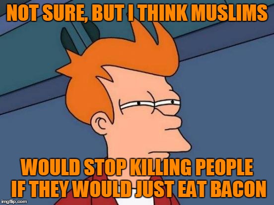 Futurama Fry Meme | NOT SURE, BUT I THINK MUSLIMS WOULD STOP KILLING PEOPLE IF THEY WOULD JUST EAT BACON | image tagged in memes,futurama fry | made w/ Imgflip meme maker