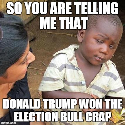 Third World Skeptical Kid | SO YOU ARE TELLING ME THAT; DONALD TRUMP WON THE ELECTION BULL CRAP | image tagged in memes,third world skeptical kid | made w/ Imgflip meme maker