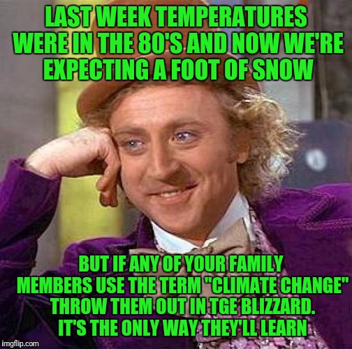 Creepy Condescending Wonka | LAST WEEK TEMPERATURES WERE IN THE 80'S AND NOW WE'RE EXPECTING A FOOT OF SNOW; BUT IF ANY OF YOUR FAMILY MEMBERS USE THE TERM "CLIMATE CHANGE" THROW THEM OUT IN TGE BLIZZARD. IT'S THE ONLY WAY THEY'LL LEARN | image tagged in memes,creepy condescending wonka | made w/ Imgflip meme maker