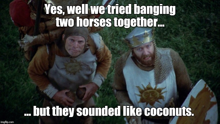 And not even an African swallow could carry a horse!  | Yes, well we tried banging two horses together... ... but they sounded like coconuts. | image tagged in monty python swallow scene | made w/ Imgflip meme maker