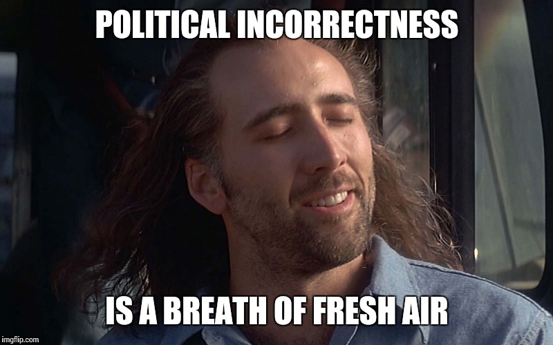 Thanks to carpetmom for the idea | POLITICAL INCORRECTNESS; IS A BREATH OF FRESH AIR | image tagged in memes,nicolas cage | made w/ Imgflip meme maker