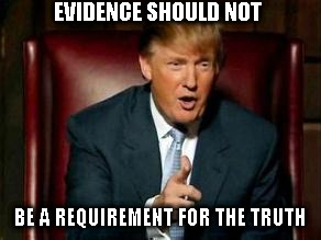 TRUMPING REALITY | EVIDENCE SHOULD NOT; BE A REQUIREMENT FOR THE TRUTH | image tagged in donald trump | made w/ Imgflip meme maker