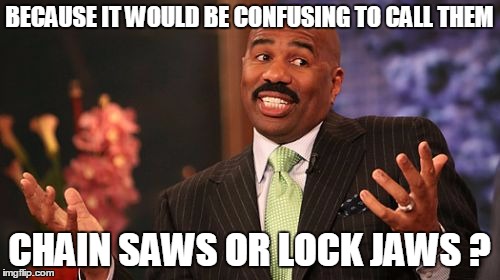 Steve Harvey Meme | BECAUSE IT WOULD BE CONFUSING TO CALL THEM CHAIN SAWS OR LOCK JAWS ? | image tagged in memes,steve harvey | made w/ Imgflip meme maker