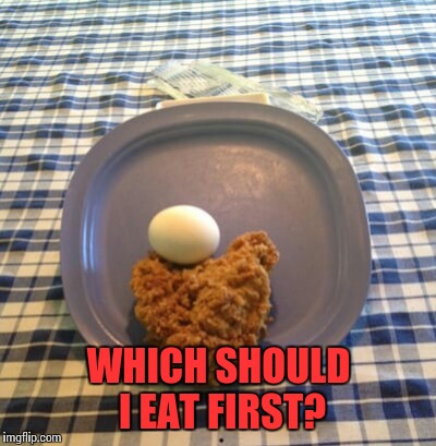 Chicken or egg  |  WHICH SHOULD I EAT FIRST? | image tagged in memes,chicken or the egg | made w/ Imgflip meme maker