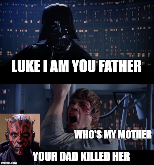 Star Wars No Meme | LUKE I AM YOU FATHER; WHO'S MY MOTHER; YOUR DAD KILLED HER | image tagged in memes,star wars no | made w/ Imgflip meme maker