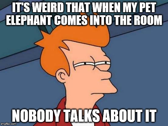 Futurama Fry | IT'S WEIRD THAT WHEN MY PET ELEPHANT COMES INTO THE ROOM; NOBODY TALKS ABOUT IT | image tagged in memes,futurama fry | made w/ Imgflip meme maker