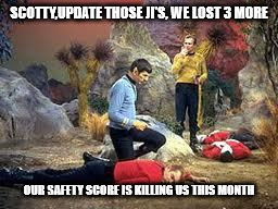 star trek | SCOTTY,UPDATE THOSE JI'S, WE LOST 3 MORE; OUR SAFETY SCORE IS KILLING US THIS MONTH | image tagged in star trek | made w/ Imgflip meme maker