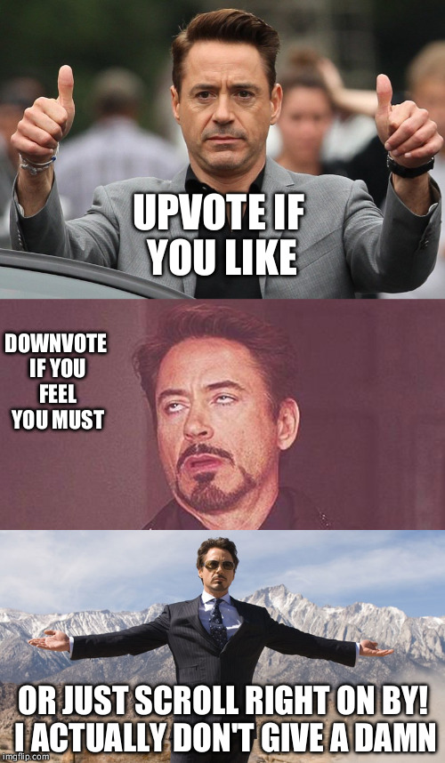 "Contrary to popular belief, I know exactly what I'm doing" | UPVOTE IF YOU LIKE; DOWNVOTE IF YOU FEEL YOU MUST; OR JUST SCROLL RIGHT ON BY! I ACTUALLY DON'T GIVE A DAMN | image tagged in rdj,robert downey jr,iron man | made w/ Imgflip meme maker