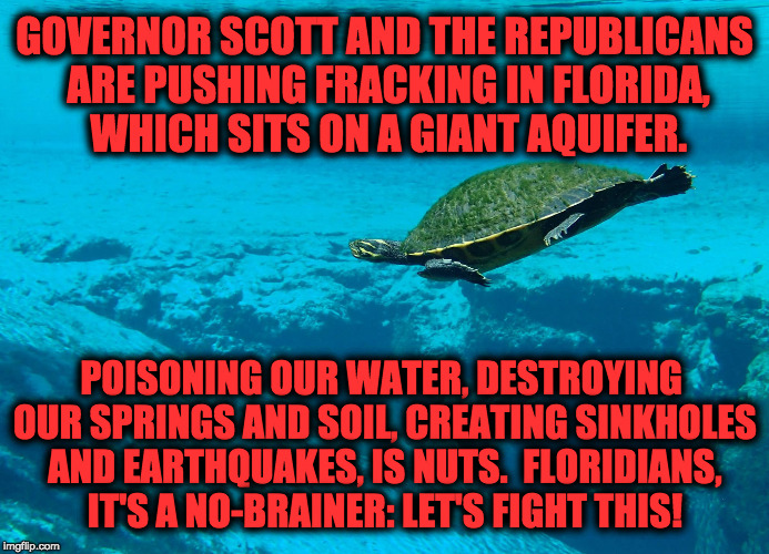Don't Frack Florida | GOVERNOR SCOTT AND THE REPUBLICANS ARE PUSHING FRACKING IN FLORIDA, WHICH SITS ON A GIANT AQUIFER. POISONING OUR WATER, DESTROYING OUR SPRINGS AND SOIL, CREATING SINKHOLES AND EARTHQUAKES, IS NUTS.  FLORIDIANS, IT'S A NO-BRAINER: LET'S FIGHT THIS! | image tagged in rick scott,republicans,fracking,aquifer,florida,fight fracking in florida | made w/ Imgflip meme maker