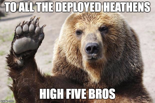High Five Bear | TO ALL THE DEPLOYED HEATHENS; HIGH FIVE BROS | image tagged in high five bear | made w/ Imgflip meme maker