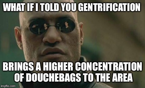 Matrix Morpheus Meme | WHAT IF I TOLD YOU GENTRIFICATION BRINGS A HIGHER CONCENTRATION OF DOUCHEBAGS TO THE AREA | image tagged in memes,matrix morpheus | made w/ Imgflip meme maker