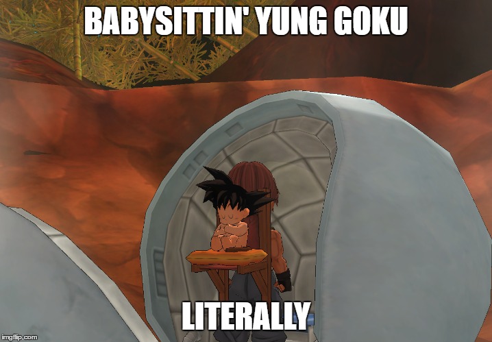 Babysitting literally | BABYSITTIN' YUNG GOKU; LITERALLY | image tagged in dragonball | made w/ Imgflip meme maker