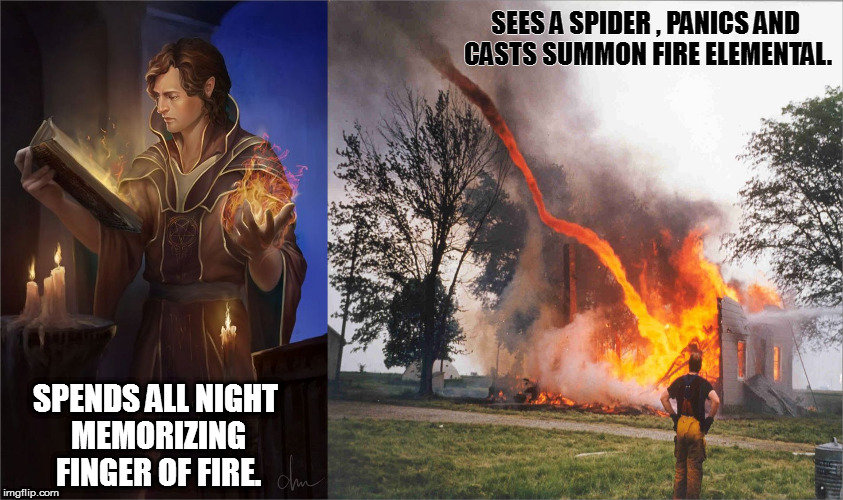 DnD Wiz Fail | SEES A SPIDER , PANICS AND CASTS SUMMON FIRE ELEMENTAL. SPENDS ALL NIGHT MEMORIZING FINGER OF FIRE. | image tagged in dnd,wizard,spider,fire | made w/ Imgflip meme maker