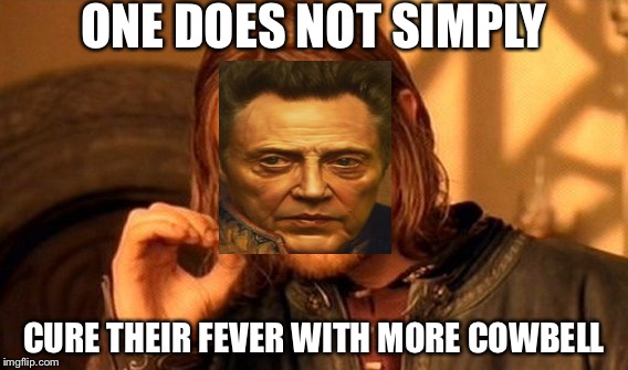 One Does Not Simply Meme | ONE DOES NOT SIMPLY; CURE THEIR FEVER WITH MORE COWBELL | image tagged in memes,one does not simply | made w/ Imgflip meme maker