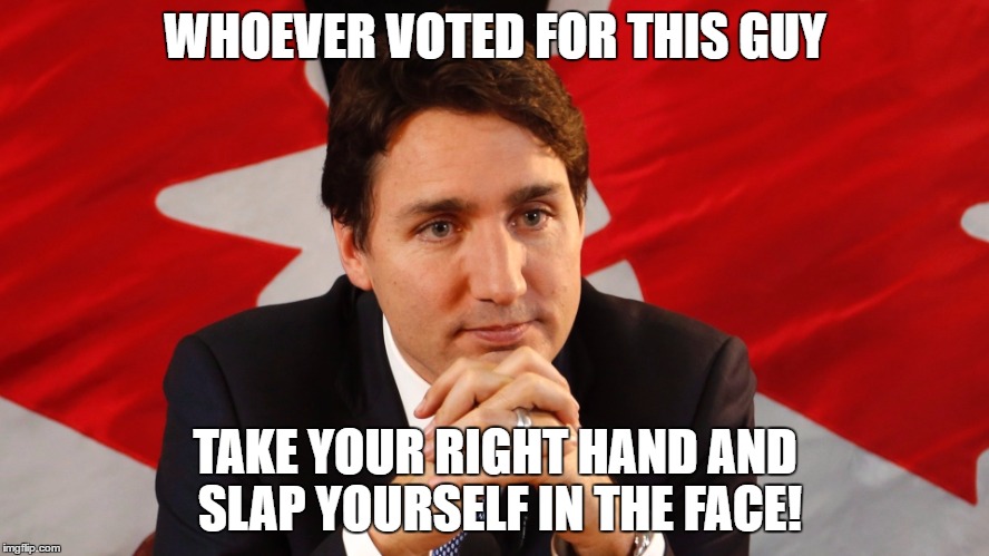 Trudeau (Source: Patrick Doyle / The Canadian Press) |  WHOEVER VOTED FOR THIS GUY; TAKE YOUR RIGHT HAND AND SLAP YOURSELF IN THE FACE! | image tagged in trudeau source patrick doyle / the canadian press | made w/ Imgflip meme maker