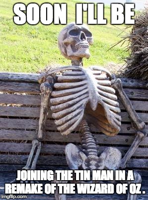 Waiting Skeleton | SOON  I'LL BE; JOINING THE TIN MAN IN A REMAKE OF THE WIZARD OF OZ . | image tagged in memes,waiting skeleton | made w/ Imgflip meme maker