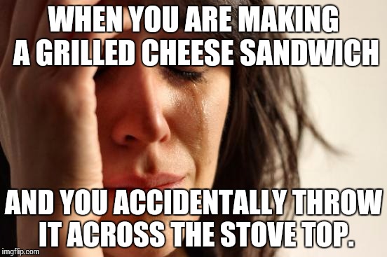 First World Problems Meme | WHEN YOU ARE MAKING A GRILLED CHEESE SANDWICH; AND YOU ACCIDENTALLY THROW IT ACROSS THE STOVE TOP. | image tagged in memes,first world problems | made w/ Imgflip meme maker