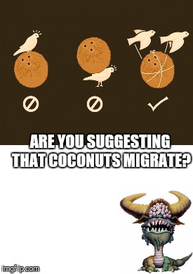 Monty Python Event "Migratory" | ARE YOU SUGGESTING THAT COCONUTS MIGRATE? | image tagged in memes,monty python and the holy grail,monty python week,monty python | made w/ Imgflip meme maker